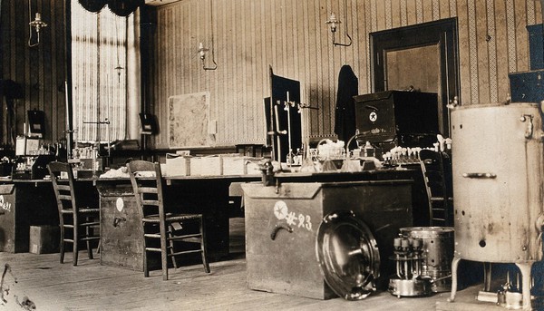 World War One: Merville, France: a Canadian mobile laboratory: interior. Photograph, 1915.