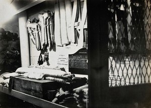 view World War One: a Royal Naval hospital ship: the splint storage area. Photograph, 1914/1918.