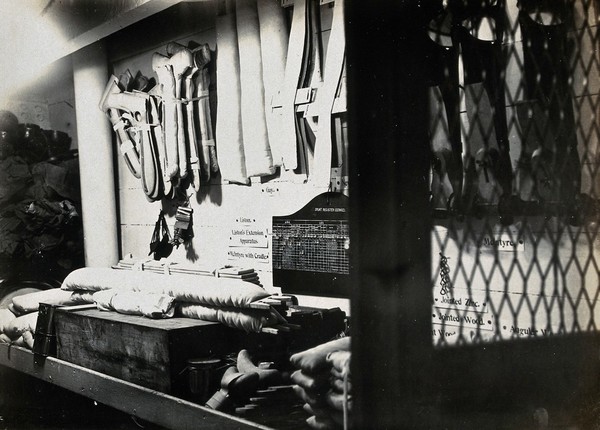 World War One: a Royal Naval hospital ship: the splint storage area. Photograph, 1914/1918.