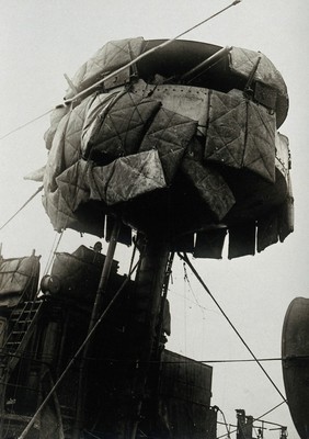 World War One: the H.M.S. Vindictive after the raid on Zeebrugge, 1918: the fighting top. Photograph, 1918.