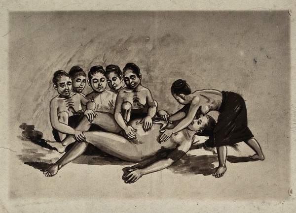 A woman in childbirth aided by six female attendants, some of whom lay their hands on her stomach. Photograph, ca. 1930, of a Burmese painting, ca?.