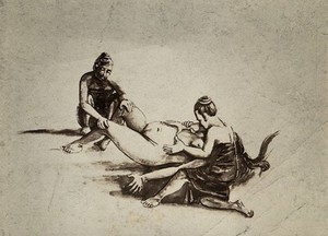 view A woman in childbirth aided by two female attendants, one of whom holds her stomach, the other holds her knees. Photograph, ca. 1930, of a Burmese painting, ca?.