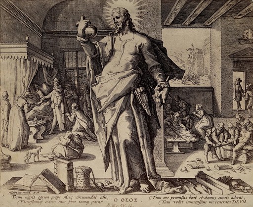 The medical practitioner appearing as Christ when he arrives to treat the sick. Photograph of an engraving by Hendrick Goltzius, 1587.