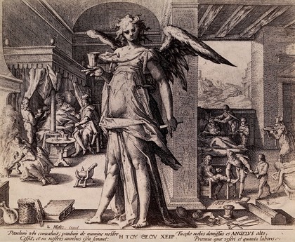 The medical practitioner appearing as an angel when he has started to heal the sick. Photograph after Hendrick Goltzius, 1587.