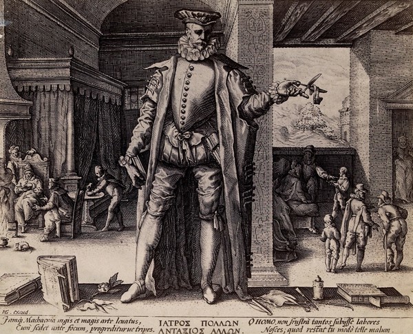 The medical practitioner appearing as a mere human when he has succeeded in curing the sick. Photograph after Hendrick Goltzius, 1587.