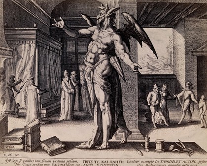 The medical practitioner appearing as a devil when he asks for his fee. Photograph after Hendrick Goltzius, 1587.