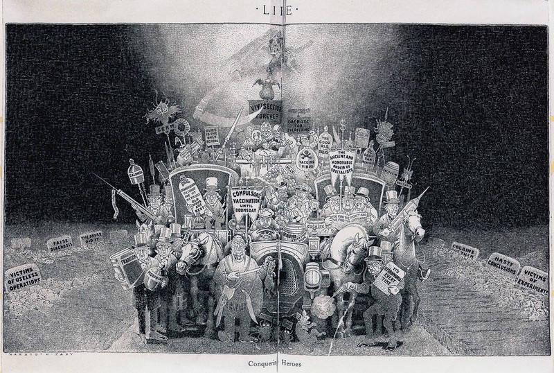A parade of health professionals bearing vaccination syringes, drugs and banners, lined on each side by their victims' graves and topped by the grim reaper, presenting a satirical view of the medical profession. Reproduction of an engraving by Walter Harrison Cady, 1910/1930., 1910-1930, by Harrison Cady