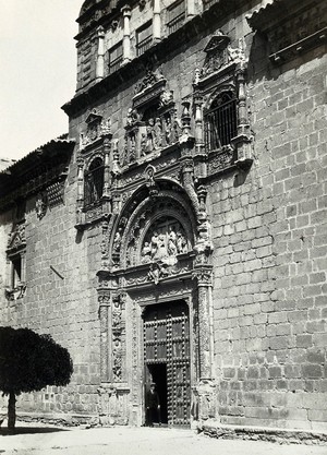 view Hospital de Santa Cruz, Toledo, Spain: the ornate 16th century doorway. Photograph by Linares, ca. 1935.