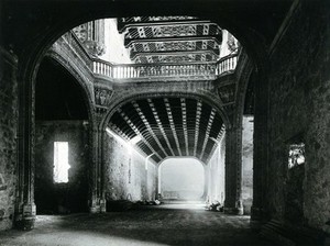 view Hospital de Santa Cruz, Toledo, Spain: view of the 15th century interior showing gallery and ceilings. Photograph, ca. 1935.