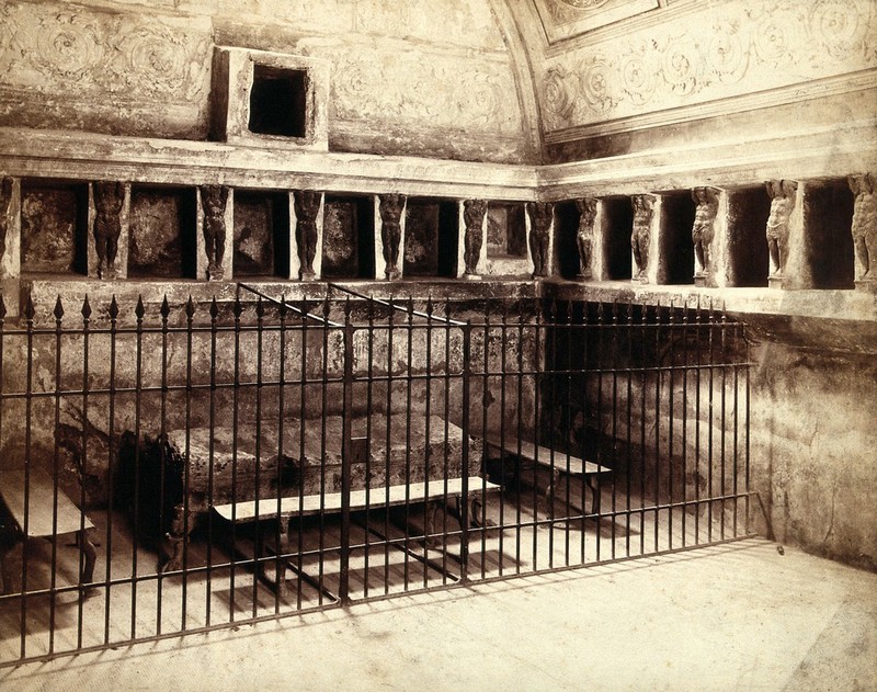 Pompeii: bath house interior showing furniture. Photograph by G. Sommer, ca. 1880., 1880, by Giorgio Sommer