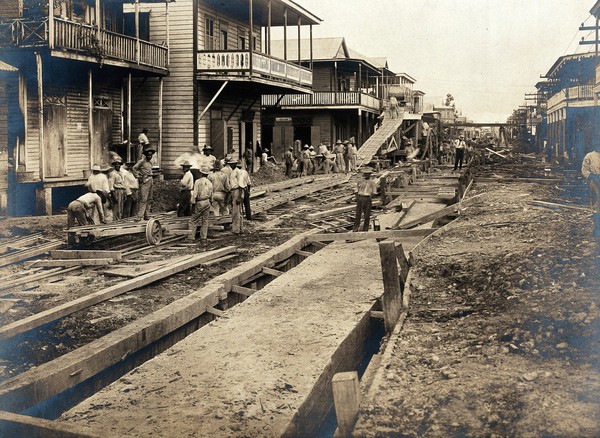 Colón, Panama: men construct sewers in the middle of a road lined with wooden houses, as part of a programme of sanitary work implemented during the construction of the Panama Canal. Photograph, 1910.