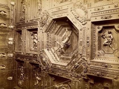 Archiginnasio, Bologna: the coffered ceiling of the anatomy theatre. Photograph by Fotografia dell'Emilia, 18---.