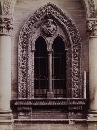 Ospedale Maggiore, Milan: a window carved with relief sculpture. Photograph by Alinari, 18--.