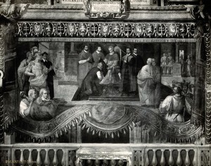 view Pope Gregory XIII appointing the principal of the Ospedale Santo Spirito in Sassia, Rome. Photograph by Ditta Vasari, 19-- (?) after a fresco painting.