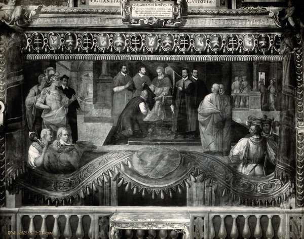 Pope Gregory XIII appointing the principal of the Ospedale Santo Spirito in Sassia, Rome. Photograph by Ditta Vasari, 19-- (?) after a fresco painting.