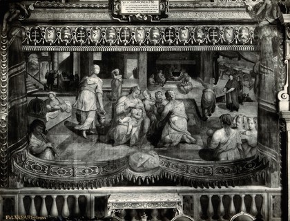 The foundling hospital of the Ospedale Santo Spirito in Sassia, Rome: wet-nurses looking after the babies, and Pope Sixtus IV ordering the rebuilding. Photograph by Ditta Vasari, 19-- (?) after a fresco painting.