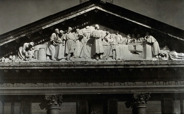 Policlinico Umberto I, Rome: the tympanum sculptures showing Lister operating. Photograph, 19--.