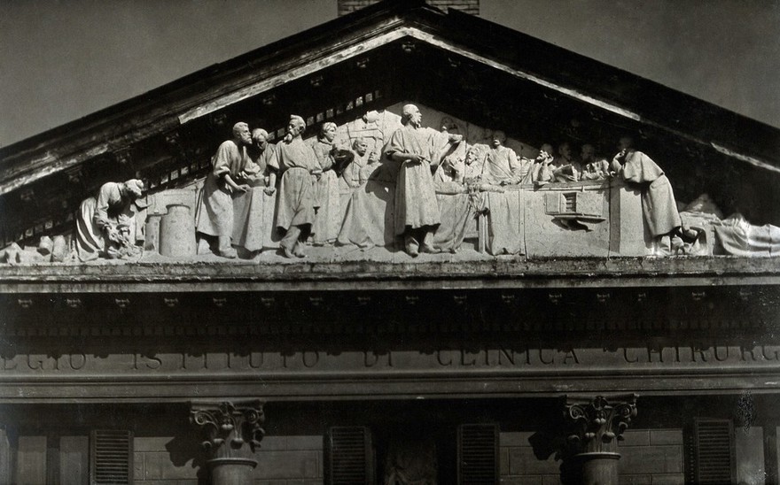 Policlinico Umberto I, Rome: the tympanum sculptures showing Lister operating. Photograph, 19--.