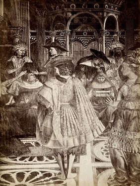 Hospital of Santa Maria della Scala, Siena: Celestino III grants control of the hospital to the lay brothers. Photograph by Fotografia Lombardi Siena, 18--, of fresco by Domenico di Bartolo, 1441-1442.