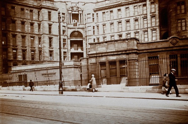 Glasgow Royal Infirmary, Scotland: part of the west front. Photograph, 1928.