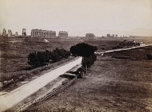 view The Claudian aqueduct (Aqua Claudia), Rome, with the Via Appia in the foreground. Photograph, 1880/1920?.