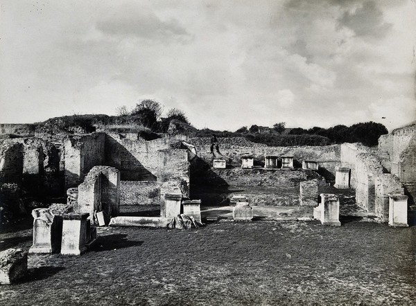 Partly ruined buildings in Ostia identified as a part of the Forum baths constructed 138-161 AD. Photograph by Anderson, ca. 1931.