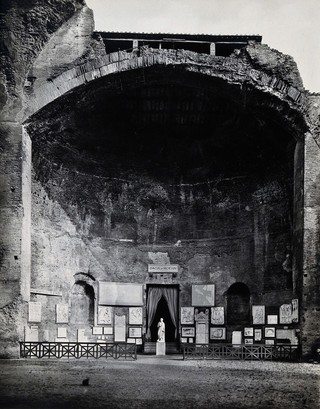 Rome: remains of a room at the baths of Diocletian, including antique sculpture and plaques. Photograph by Anderson, ca. 1931.