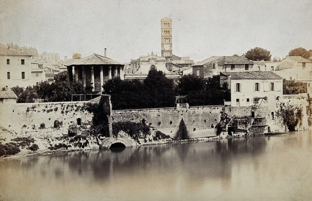 Rome: view across the River Tiber, showing the Temple of Vesta and the campanile of S. Maria in Cosmedin. Photograph, 1880/1910?