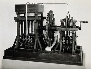 view Model of hydraulic machinery with a water-wheel, Deutsches Museum, Munich. Photograph, ca. 1936.