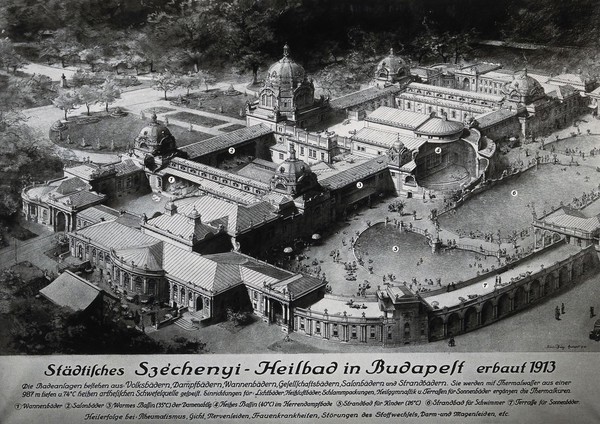 The Szechenyi Healing Baths, Budapest, built in 1913: the entire baths complex is seen from an elevated viewpoint. Photograph, 1936, of a painting of 1930, by J. Hary.