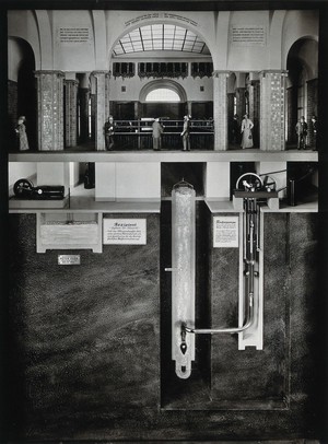 view Model of the pump room at the Kissingen Baths, Germany: men and women are shown drinking the waters, while beneath them the mechanics of the water supply is shown in cross-section. Photograph, 1936.