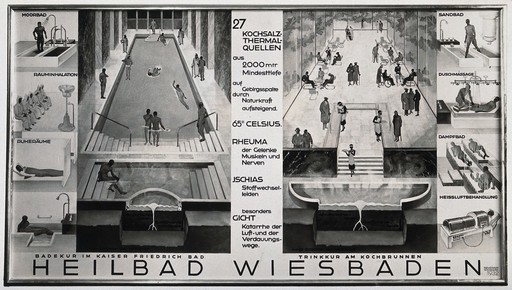 The healing baths at Wiesbaden: views of the baths, drinking areas and various theraputic treatments, including saunas, massages and inhalation therapies. Photograph, 1936, of a painting of 1932.