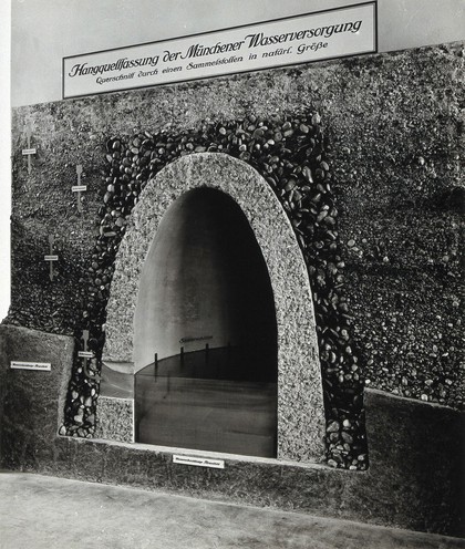 A model of an underground water supply system in Munich, shown in cross-section. Photograph, ca. 1936.