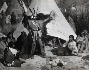 view A Native American medicine man healing a sick child. Photograph, ca. 1920, after a painting by Valentine Walter Bromley, 1876.