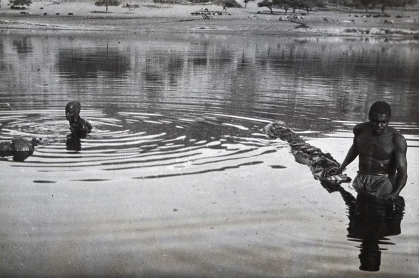 Darfur, Sudan: two men collecting mud from a lake in a volcanic crater; the mud is sold for cooking and medicinal purposes. Photograph by W.H. Greany, 1939.