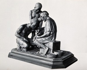 view Inoculation in Africa: an African doctor inoculating one man while another watches. Photograph, 1930/1960, of a sculpture, 1913/1932 (?).