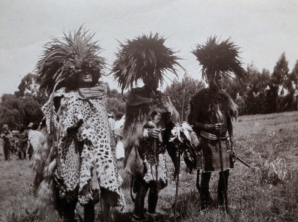 Swaziland: a medicine man with two assistants, wearing ceremonial costume including leopard skins and elaborate head-dresses. Photograph, ca. 1930.