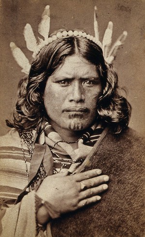 view A Maori man with a tattoed face. Photograph by J. Bragge, 18--.