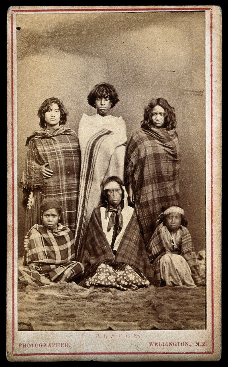 Six Maori people. Photograph by J. Bragge, 18--., [between 1800 and 1899?], by James Bragge