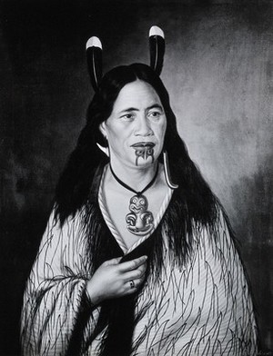 view New Zealand: a Maori chief's wife wearing tiki and pendant. Photograph of a painting by Gottfried Lindauer, 1884.