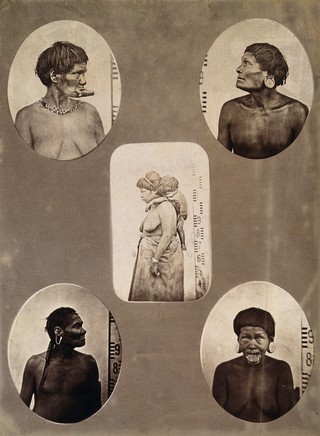 Brazil: Krenak people (Botocudos) with lip-plugs and ear-plugs (Botocudos). Photograph.