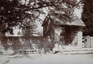 view Mitchel Troy, Wales: lich-gate and stocks outside the church. Photograph, ca. 1890.