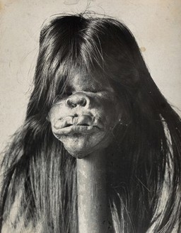 The shrunken head of a Huambisa person of Peru. Photograph, 1899.