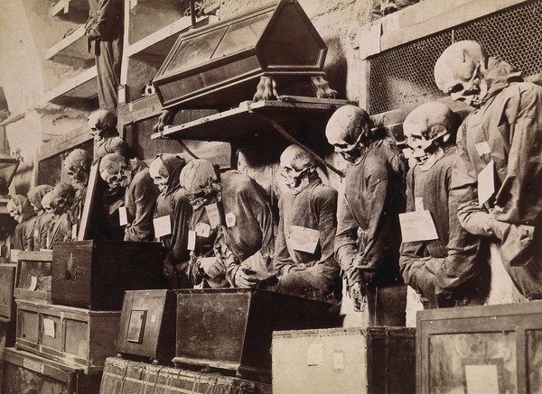 Palermo, Convento dei Cappuccini: skeletons of the friars, preserved and standing in rows wearing robes and berettas. Photograph by G. Incorpora.