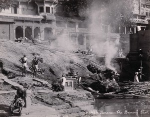 view Benares (Varanasi), Uttar Pradesh: corpses being burned and consigned to the river Ganges. Photograph.