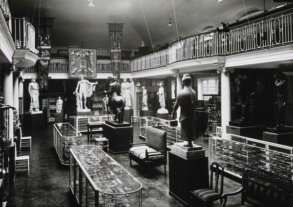 Wellcome Historical Medical Museum, Wigmore Street, London: the galleried Hall of Statuary. Photograph, 1926 (?).