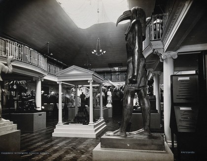 Wellcome Historical Medical Museum, Wigmore Street, London: the galleried Hall of Statuary. Photograph, 1913.