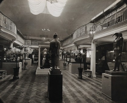 Wellcome Historical Medical Museum, Wigmore Street, London: the galleried Hall of Statuary. Photograph.