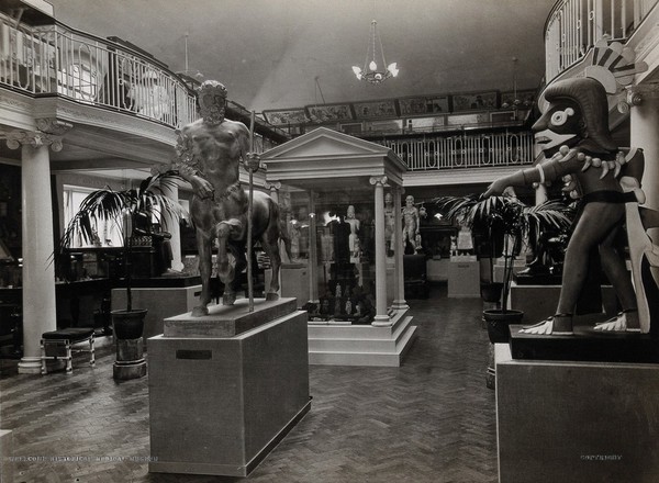 Wellcome Historical Medical Museum, Wigmore Street, London: the galleried Hall of Statuary. Photograph.