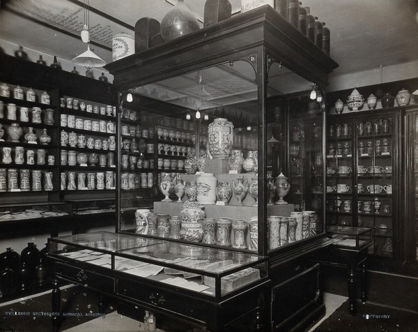 Wellcome Historical Medical Museum, Wigmore Street, London: a display of pharmacy jars. Photograph, c. 1920.